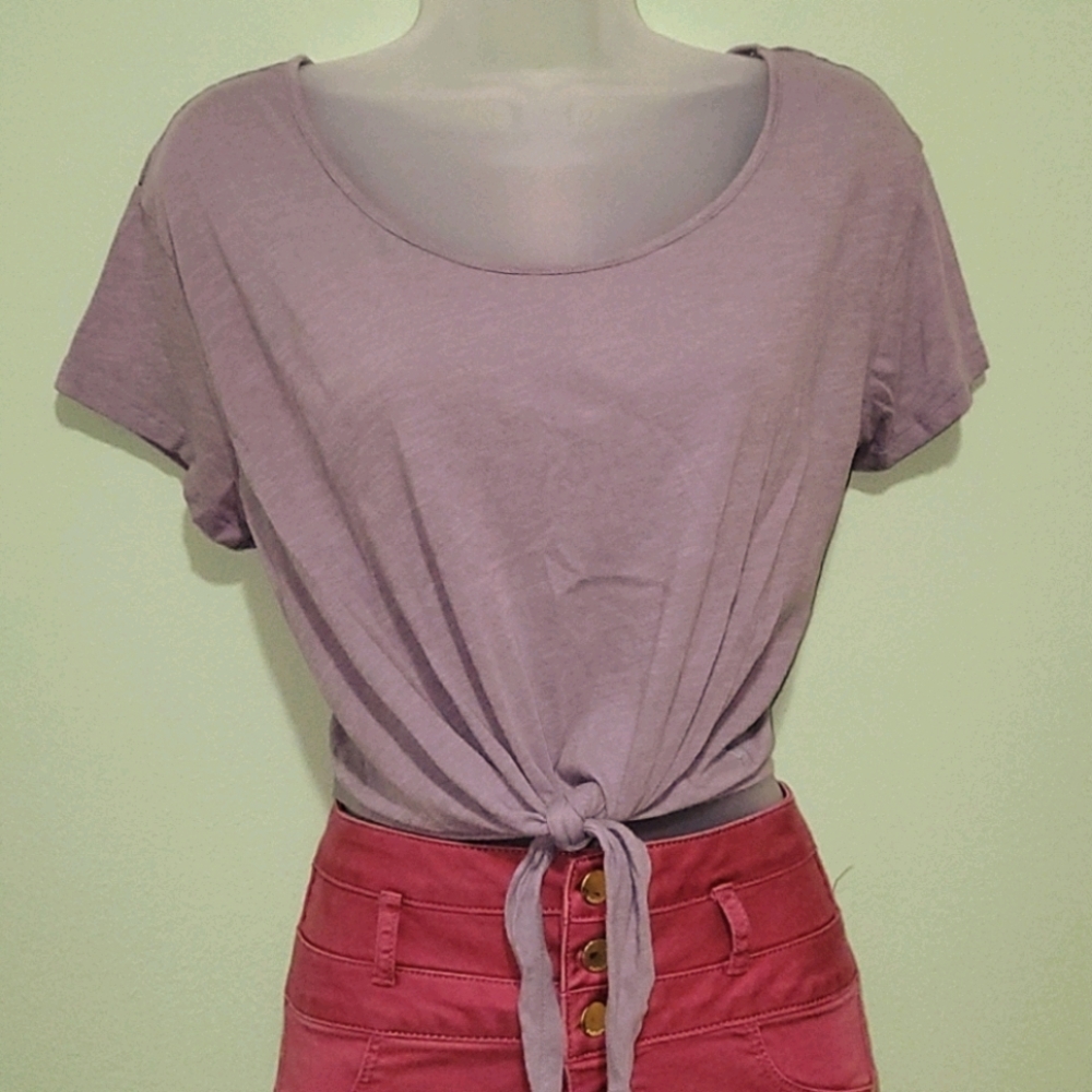 PINK Grey Flowy Tie-Up Crop Top w/ Lace Back